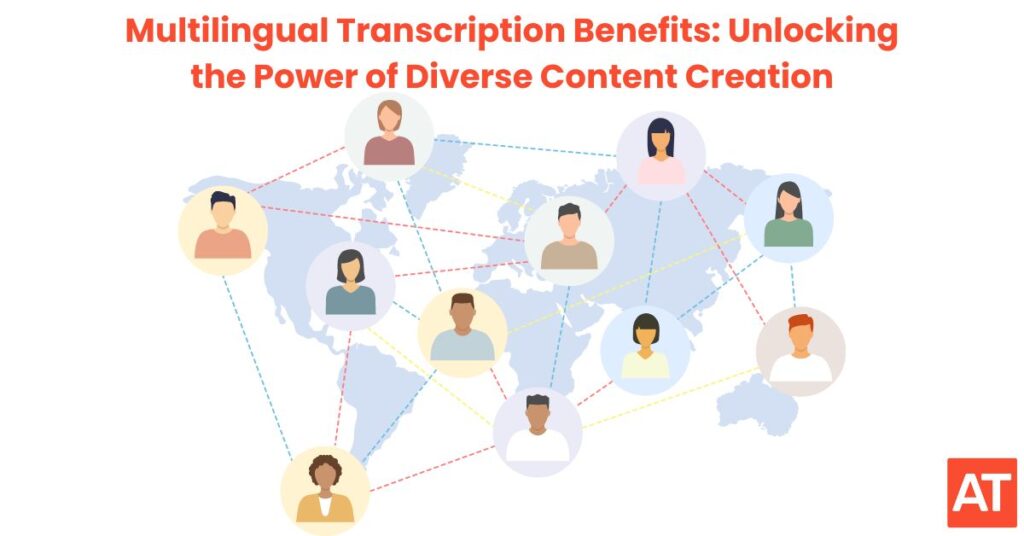 World map featuring interconnected people from various countries, along with the article title "Multilingual Transcription Benefits: Your Key to Global Engagement"