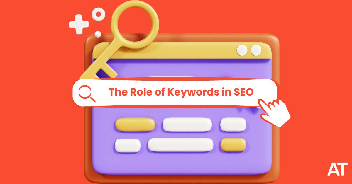 Stylized search bar with the focus keyword 'Role of Keywords in SEO' and a magnifying glass icon