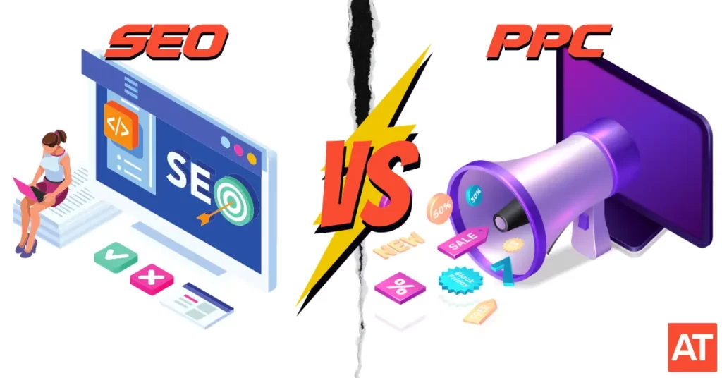 Featured image for 'Keywords in SEO vs. PPC' article, contrasting icons representing SEO and PPC.